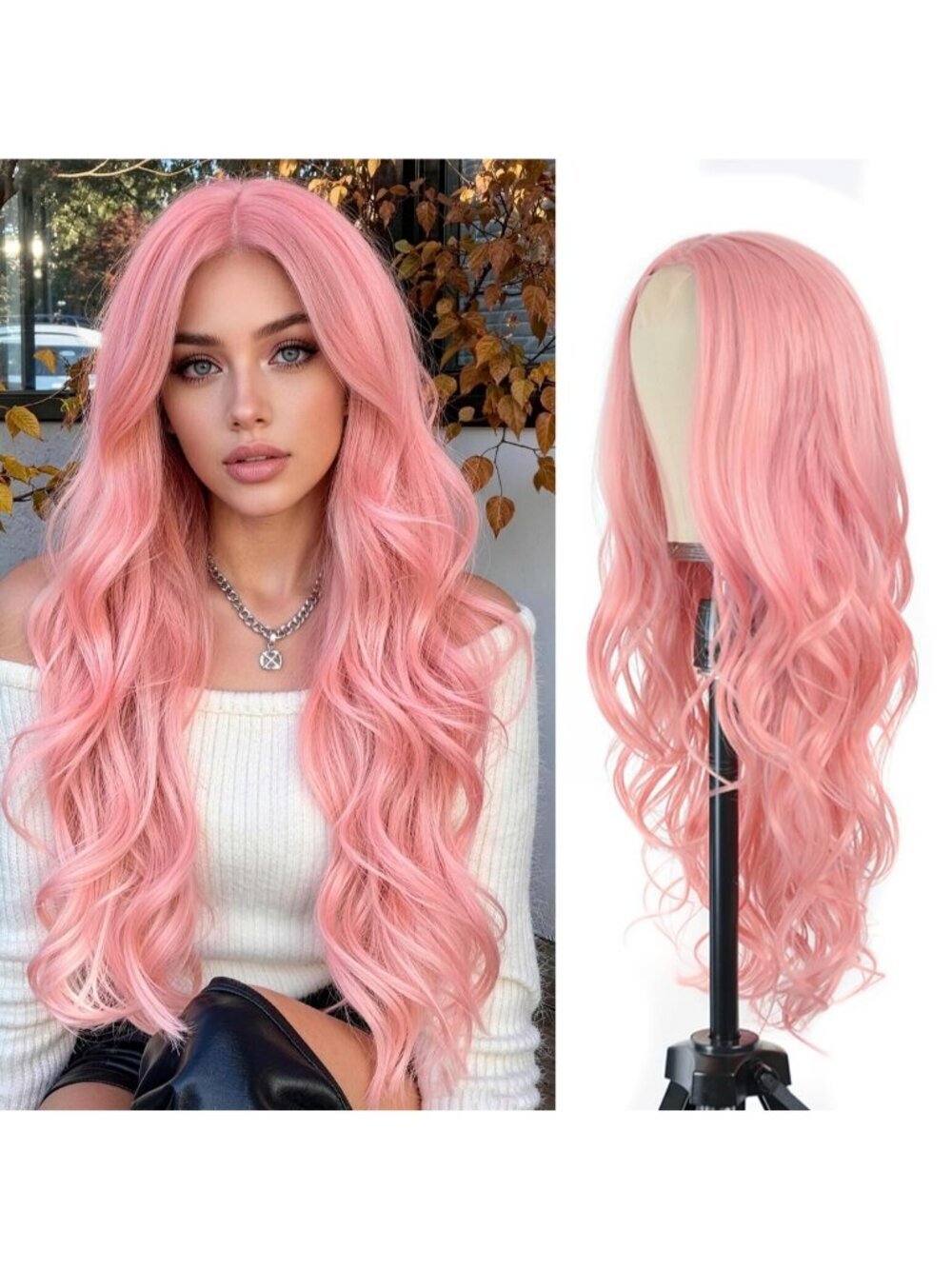 Women's Pink Synthetic Hair Dirty Blonde Heat Resistant Long Wavy Wig